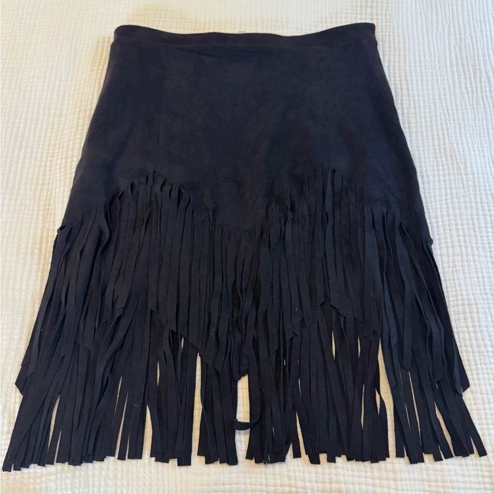 Stretch Fringed Black MicroSuede Skirt